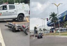 VÍDEO: Mulher quebra as duas pernas em acidente de moto em frente à Arena da Amazônia