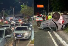 Colisão entre três veículos deixa motorista ferido e carro capotado