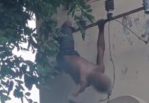 VÍDEO: Homem leva forte choque e fica pendurado após tentar furtar fiação de escola