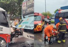 Bombeiros resgatam vítimas após colisão entre micro-ônibus e ônibus na avenida Margarita, em Manaus