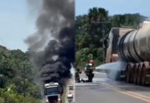Fogo em caminhão-tanque provoca tensão e interdita trecho da BR-174 próximo a Presidente Figueiredo