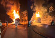 CAMINHÃO-TANQUE COM 50 MIL LITROS DE COMBUSTÍVEL PEGA FOGO E INTERDITA BR-174 POR QUATRO HORAS