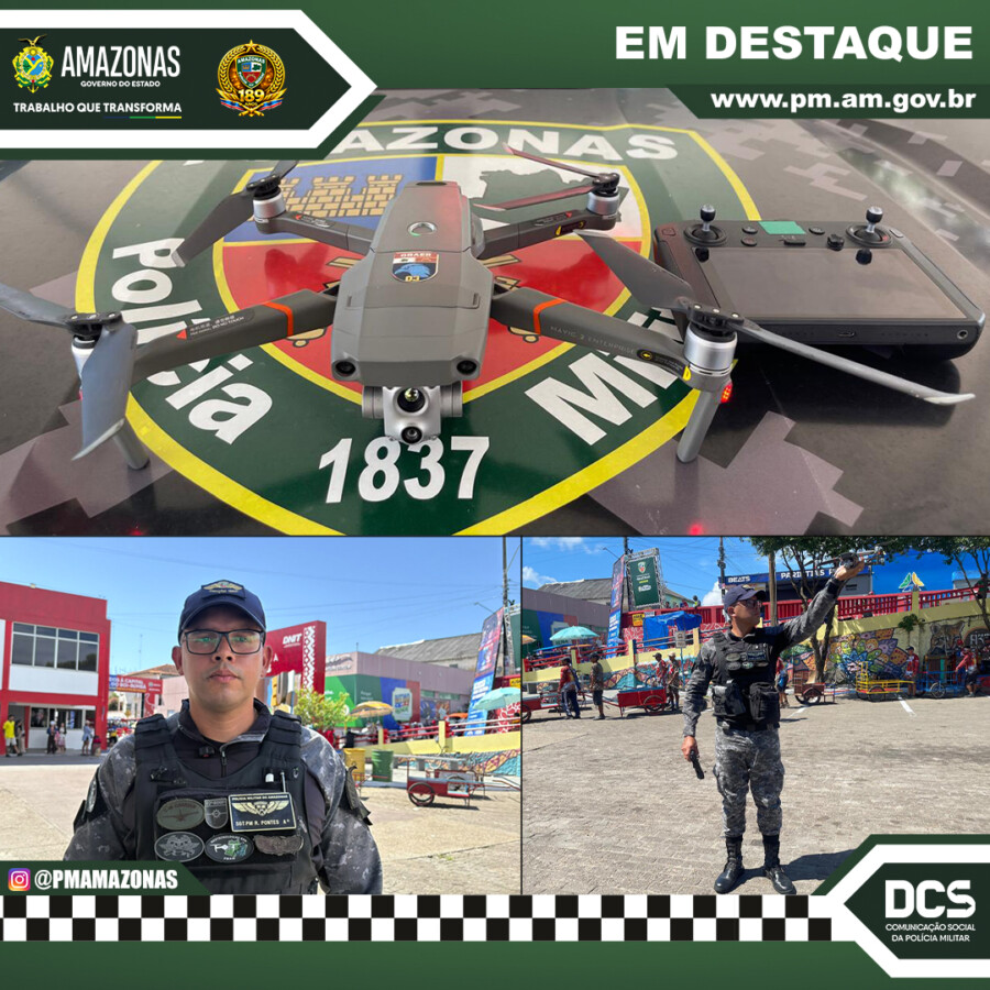 Drones no Festival de Parintins durante monitoramento aéreo da Polícia Militar.