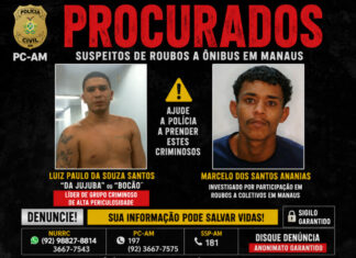 PC-AM DIVULGA IMAGENS DE ‘DA JUJUBA’ E OUTRO SUSPEITO DE ROUBOS A ÔNIBUS EM MANAUS DURANTE OPERAÇÃO HAPPY BIRTHDAY Da Jujuba procurado pela Polícia Civil em Manaus durante a Operação Happy Birthday.