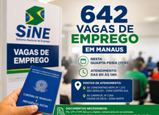 SINE MANAUS OFERTA 642 VAGAS DE EMPREGO NESTA QUARTA-FEIRA EM MANAUS vagas de emprego em Manaus oferecidas pelo Sine Manaus