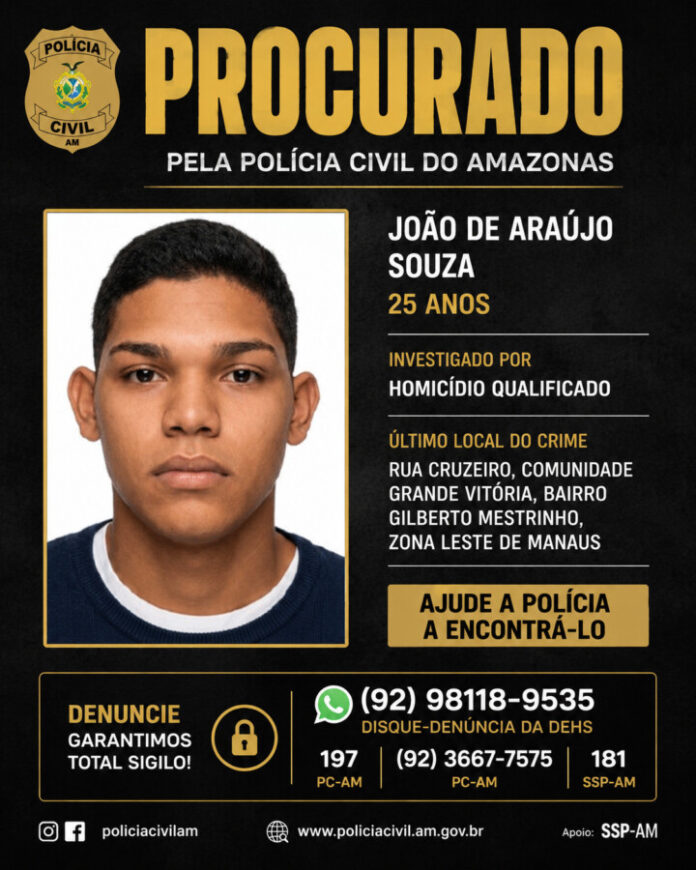 Suspeito de homicídio na comunidade Grande Vitória procurado pela Polícia Civil.
