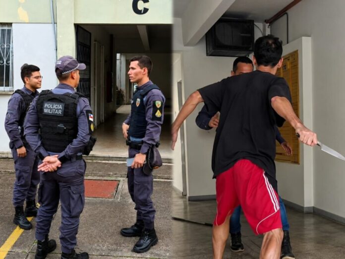 Perícia e equipes policiais no Conjunto Tocantins, onde funcionário de condomínio foi morto a facadas em Manaus.