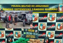 POLÍCIA PRENDE SUSPEITOS DE ATENTADO CONTRA PM E APREENDE ARMAS E 20 QUILOS DE DROGAS EM MANAUS Suspeitos presos por atentado contra PM em Manaus.