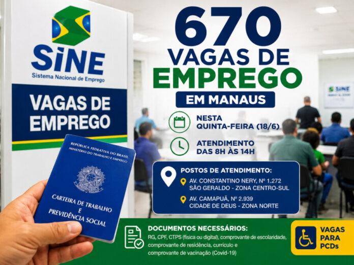 ine Manaus oferta 670 vagas de emprego em diversas áreas nesta quinta-feira (18). Atendimento no Sine Manaus durante processo de seleção para 670 vagas de emprego ofertadas nesta quinta-feira.