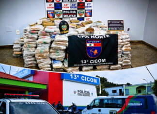 POLÍCIA MILITAR APREENDE 774 TABLETES DE SKUNK NA CIDADE DE DEUS, EM MANAUS Policiais apresentam tabletes de skunk apreendidos na Cidade de Deus, em Manaus.