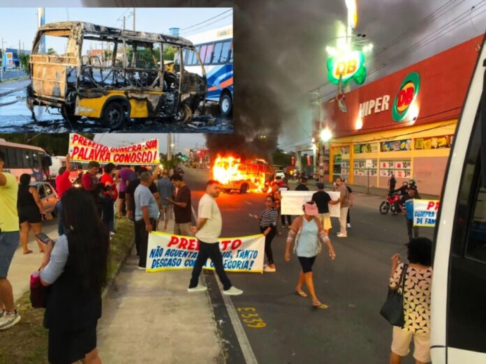 Protesto dos Amarelinhos em Manaus na Avenida Grande Circular Protesto dos Amarelinhos em Manaus com micro-ônibus incendiado