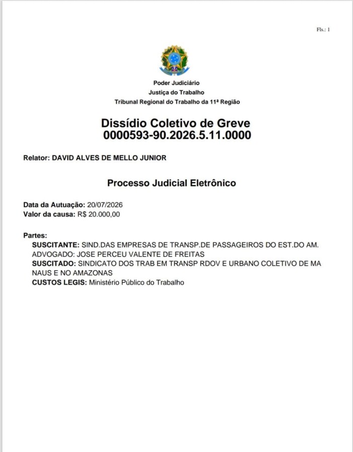 Justiça determina retomada do transporte coletivo em Manaus após decisão do TRT.